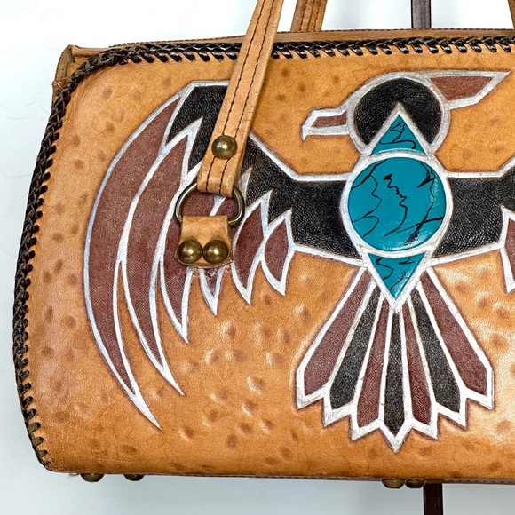 VINTAGE EMBOSSED LEATHER THUNDERBIRD DESIGN-WOVEN LEATHER HANDBAG-Metallic, t - Picture 3 of 16